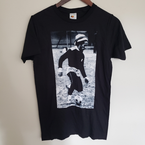Vintage Other - Vintage Bob Marley Soccer Graphic Print T-Shirt Black White Mens Size Small Crew